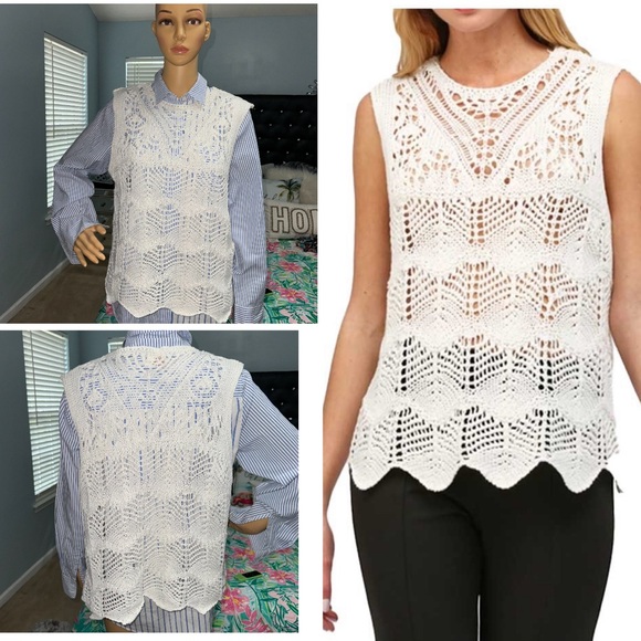 Fate Tops - FATE Women'S White Scallop Edge Open Knit Sweater Tank Top Size M